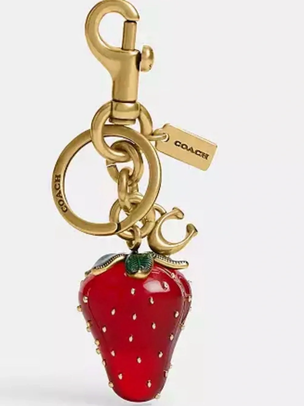 COACH Gold-Tone Strawberry Charm Key Ring with Red Enamel